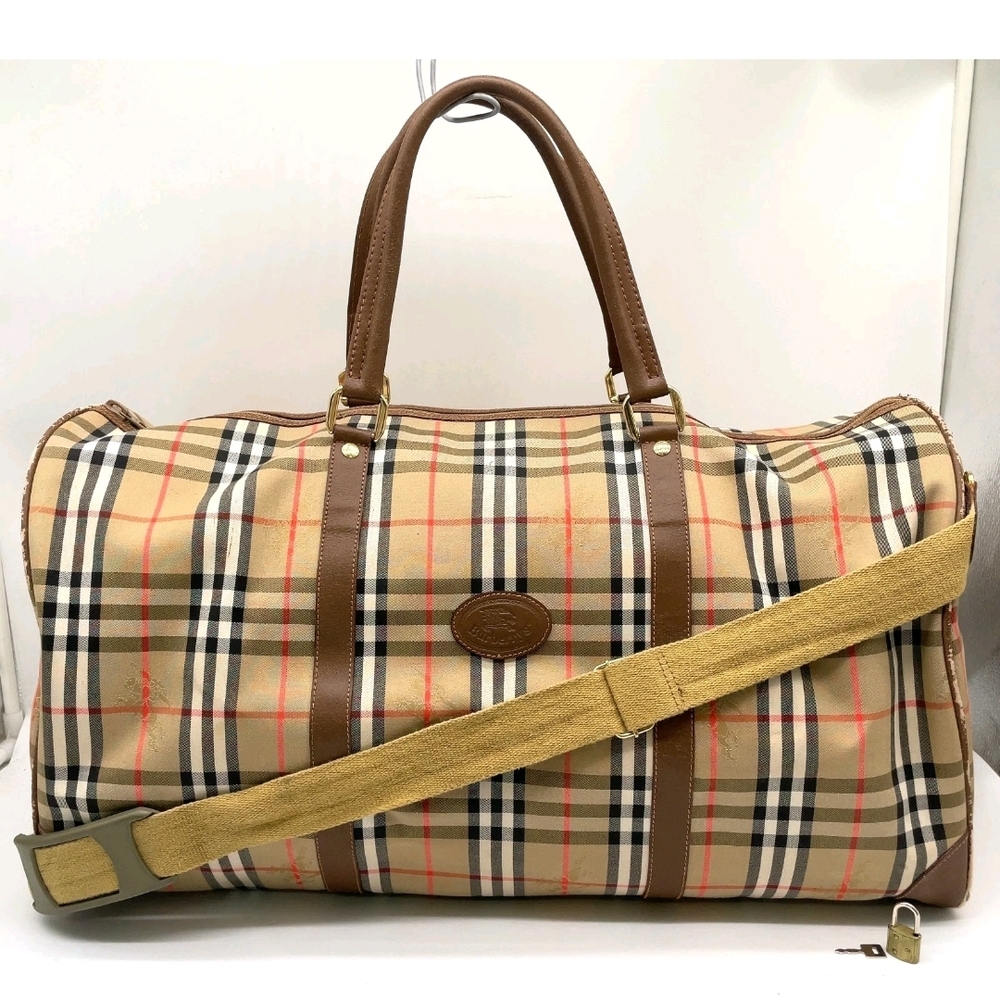 Auth Burberry Nova Check Nylon Horse Shadow Beige 2way Boston Bag 60